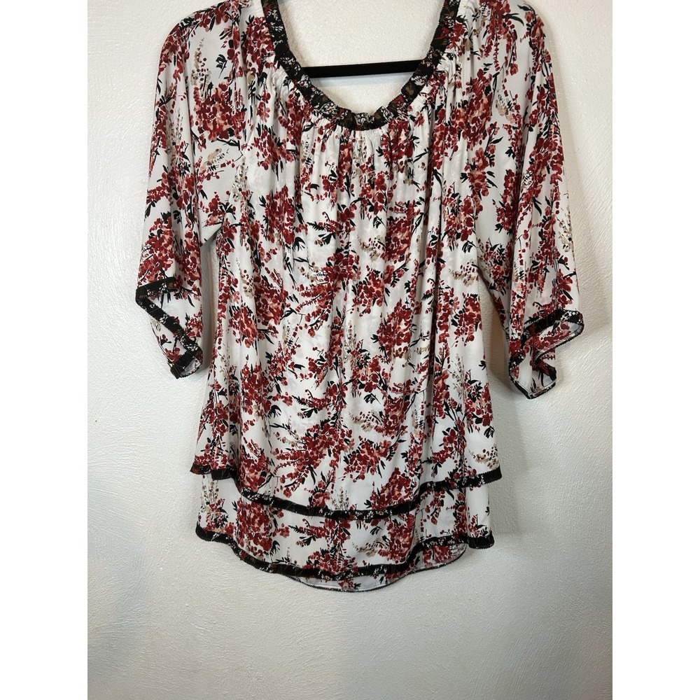 White House Black Market Floral Peasant Blouse Size L Red Black Tiered Boho Top - Picture 2 of 8